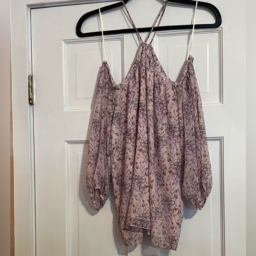 #169 1. STATE OFF THE SHOULDER DUSTY FLORAL SHEER CHIFFON BLOUSE TOP SIZE SMALL